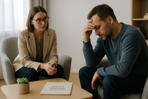 A therapist meets with a client to discuss anxiety and depression therapy in a supportive, calm setting