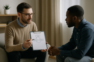A white male therapist in Tulsa explains anxiety treatment to a Black male client during a counseling session