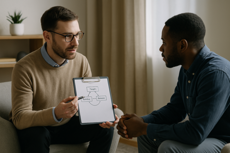 A white male therapist in Tulsa explains anxiety treatment to a Black male client during a counseling session