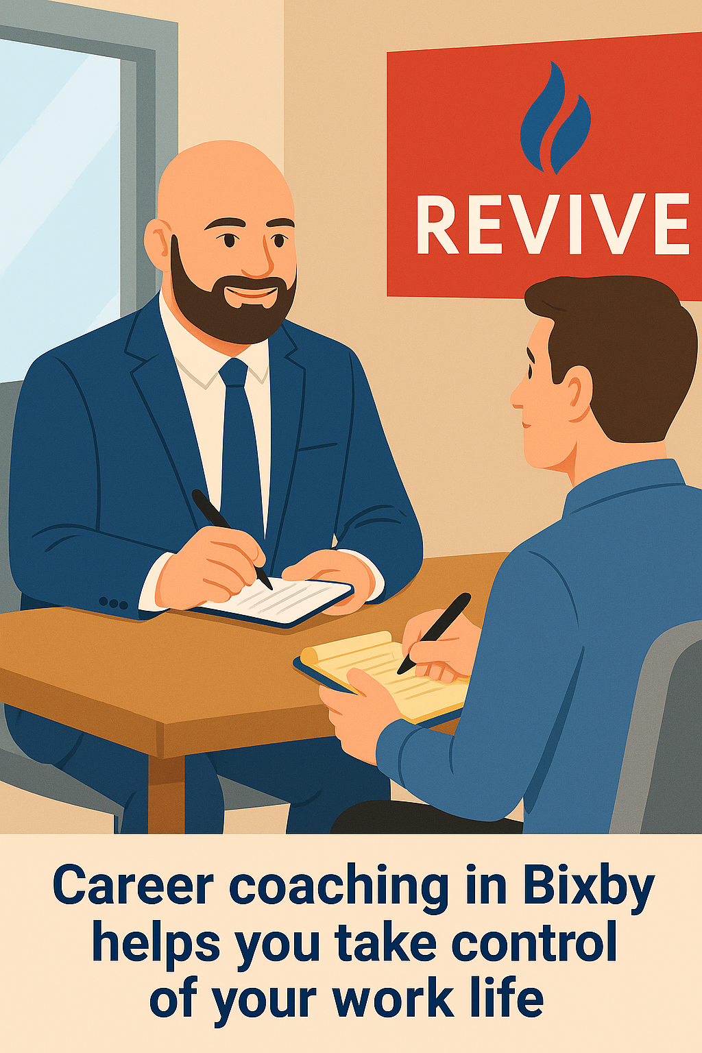 A professional career coach and client working together in Bixby, seated at a desk with notepads and focused expressions. The session is branded with Revive Counseling & Life Coaching elements.