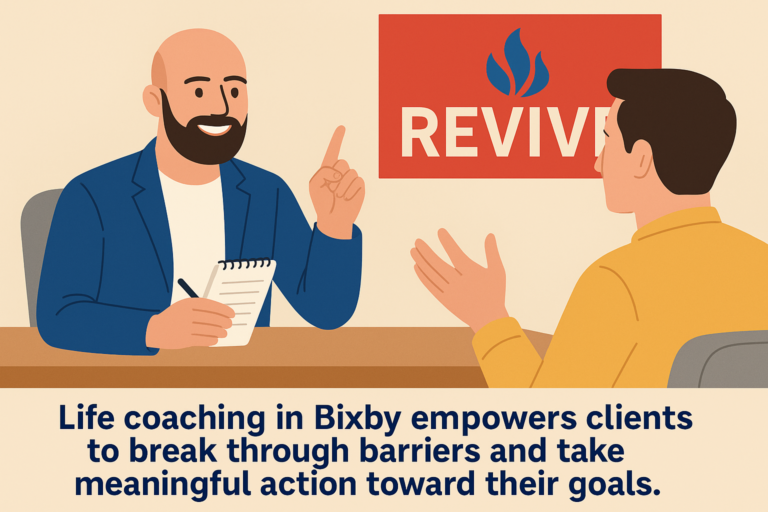 A confident male life coach and client working together in Bixby, focused on personal development and clarity, styled with Revive Counseling & Life Coaching branding.