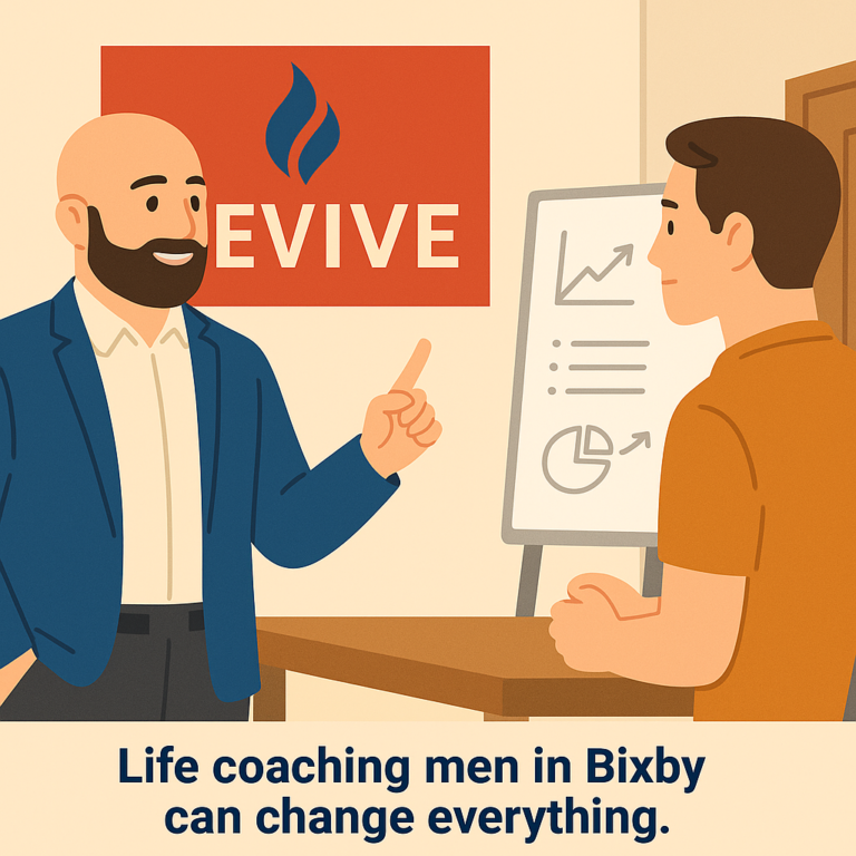 A confident male life coach leading a strategy session for men in Bixby, standing near a whiteboard with the REVIVE logo in the background, guiding a focused client.