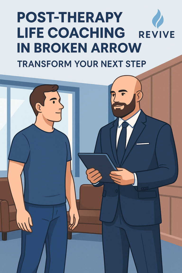 A confident life coach and client engaging in post-therapy life coaching in Broken Arrow, styled with Revive Counseling & Life Coaching branding