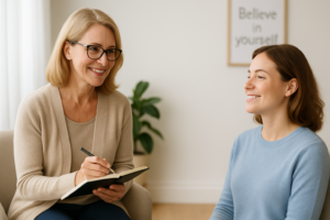 A confidence life coach supporting a client in building self-esteem and personal empowerment during a session