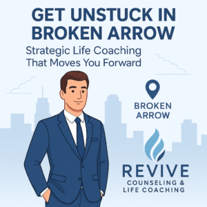 A promotional illustration of life coaching in Broken Arrow, featuring the Revive Counseling & Life Coaching brand