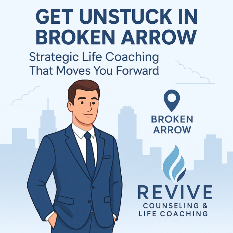 A promotional illustration of life coaching in Broken Arrow, featuring the Revive Counseling & Life Coaching brand