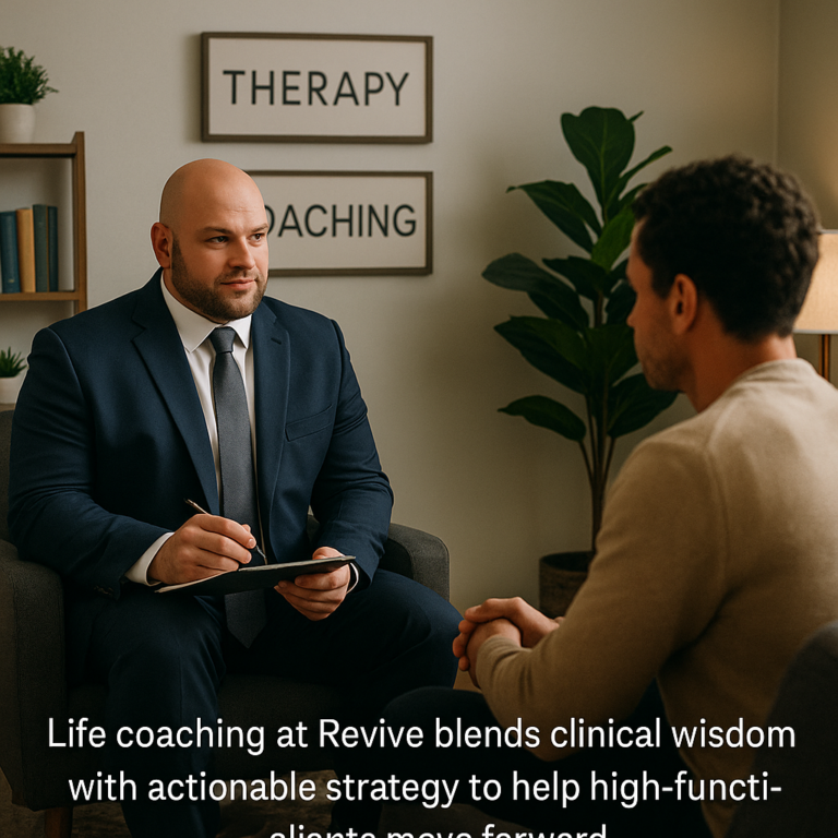 A life coach in Tulsa discusses forward-focused strategy with a client, blending coaching and clinical experience