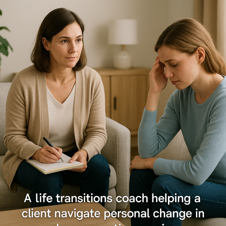 A life transitions coach helping a client navigate personal change in a calm, supportive session