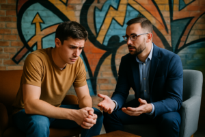 A therapist supports a client experiencing panic attacks during an anxiety counseling session