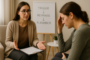 A trauma therapist helping a client understand PTSD and emotional flashbacks during a counseling session