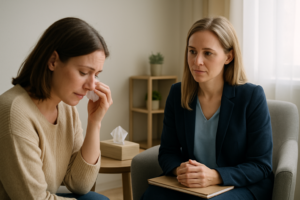 A trauma counselor in Tulsa offers compassionate support to a client in a quiet, calming therapy session