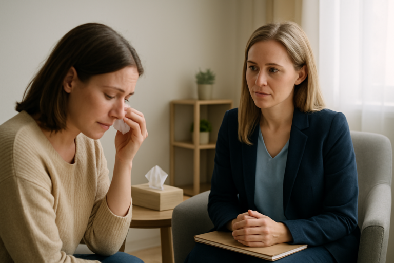 A trauma counselor in Tulsa offers compassionate support to a client in a quiet, calming therapy session