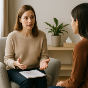 A trauma therapist explaining what to expect in therapy to a new client in a calm, supportive setting