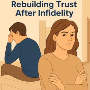 A distant married couple sits on opposite sides of a bed, symbolizing the pain and disconnection following infidelity, used for a blog about affair recovery in Tulsa.