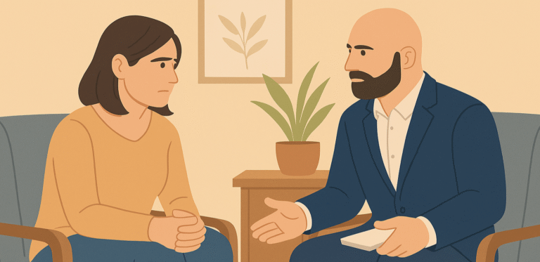 A married couple managing expectations in marriage through honest conversation and counseling, featured in a flat-style digital illustration