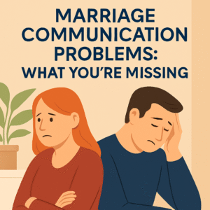 A married couple sits in silence, facing away from each other in a modern living room, capturing the emotional distance caused by marriage communication problems.