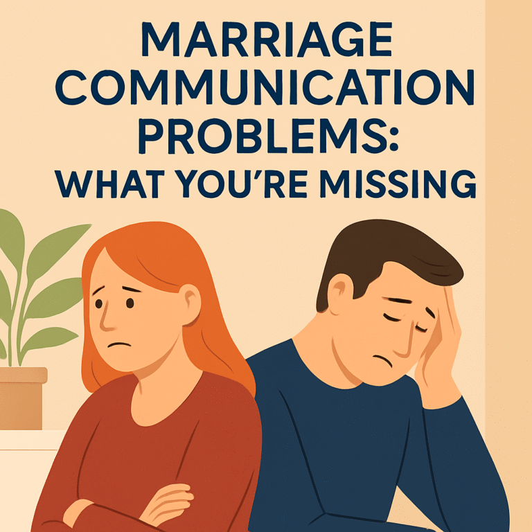 A married couple sits in silence, facing away from each other in a modern living room, capturing the emotional distance caused by marriage communication problems.