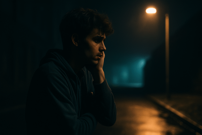 A young man in emotional distress sits under a dim streetlight, symbolizing a moment of personal crisis in Tulsa. The image captures isolation, urgency, and the need for professional crisis counseling.
