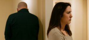 A married couple in emotional tension stands apart in a hallway. The woman looks away with frustration while the man’s posture shows defeat. A realistic visual symbolizing the emotional distance marriage counseling in Tulsa can address.