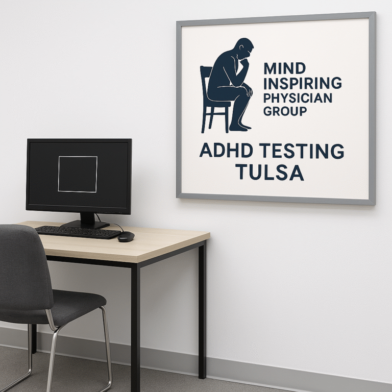 ADHD Testing Tulsa office sign for Precision ADHD Testing, showing Mind Inspiring Physician Group branding in navy blue and white.